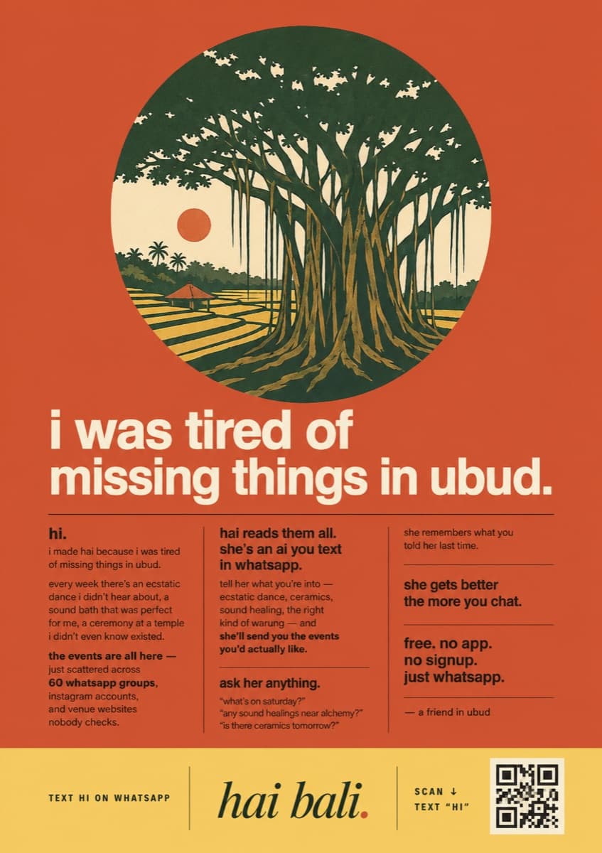 Hai Bali Events poster-style banyan illustration